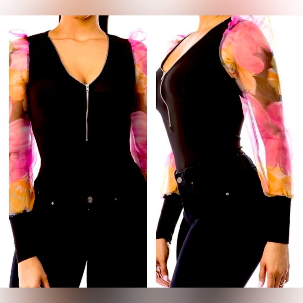 Black Bodysuit with Sheer Floral Sleeve